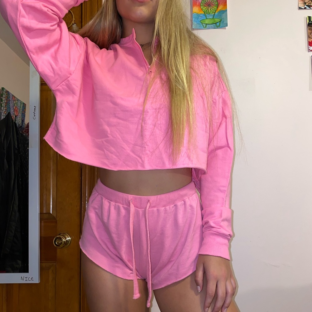 ASOS Pink Quarter-Zip Sweatshirt Short 2–Piece Set